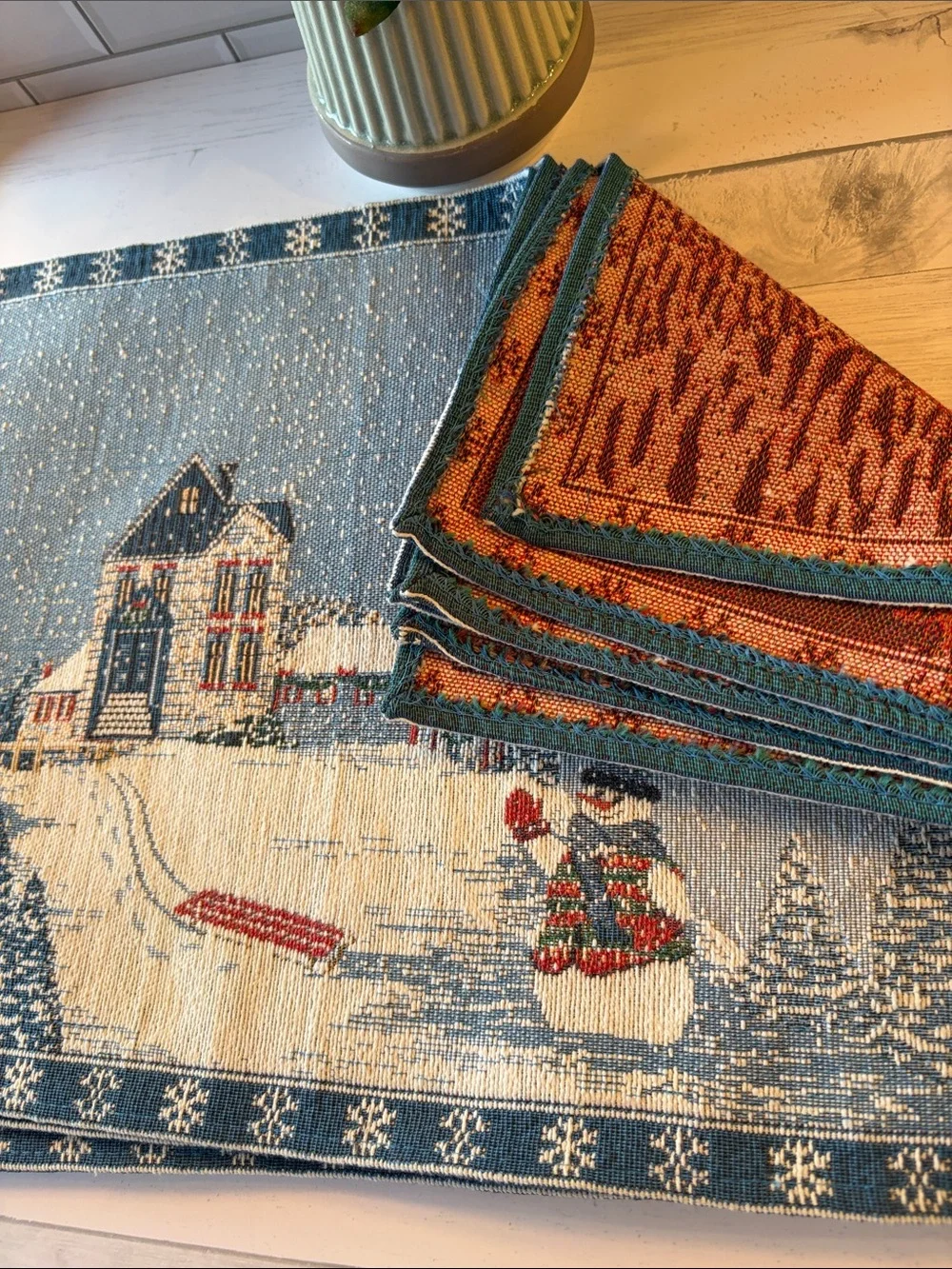 Winter Village Snowman Holiday Placemat Set - Blue, Cream & Red